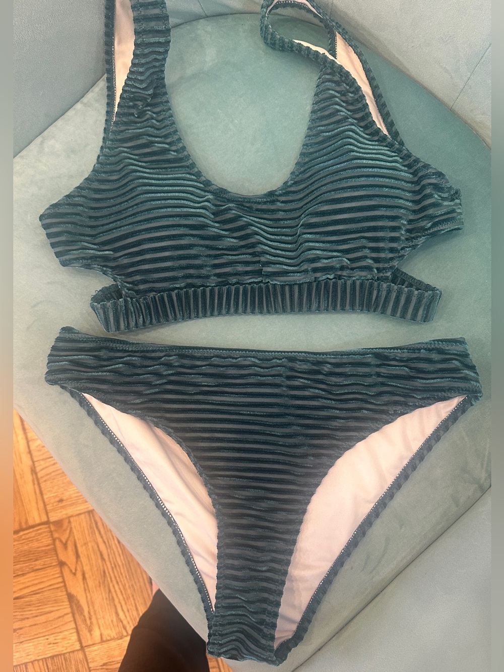 Cupshe Teal Striped Velvet Bikini Set